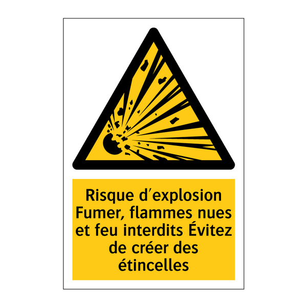 Risque d'explosion Fumer, flammes nues et feu interdits Évitez de créer des étincelles