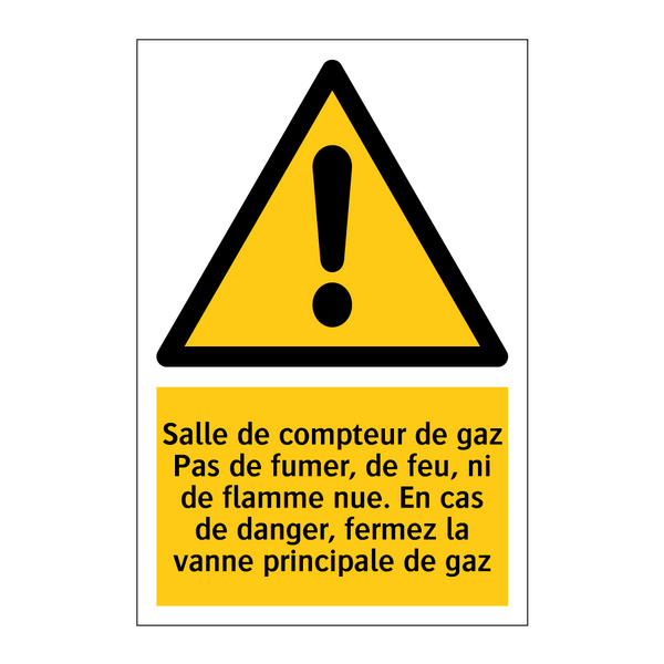 Salle de compteur de gaz Pas de fumer, de feu, ni de flamme nue. En cas de danger, fermez la vanne principale de gaz