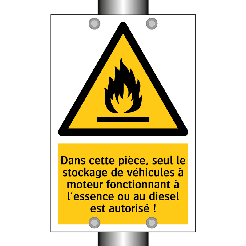 Dans cette pièce, seul le stockage de véhicules à moteur fonctionnant à l'essence ou au diesel est autorisé !