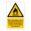 Dans cette pièce, seul le stockage de véhicules à moteur fonctionnant à l'essence ou au diesel est autorisé !