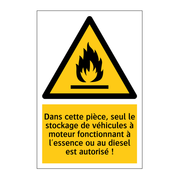 Dans cette pièce, seul le stockage de véhicules à moteur fonctionnant à l'essence ou au diesel est autorisé !