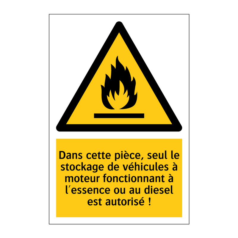 Dans cette pièce, seul le stockage de véhicules à moteur fonctionnant à l'essence ou au diesel est autorisé !