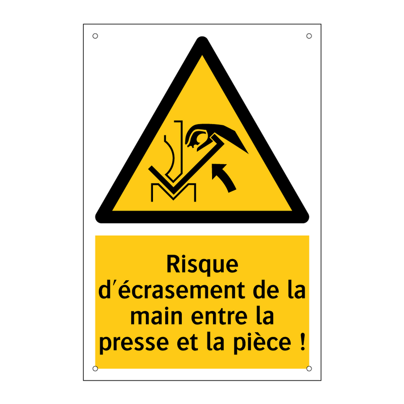 Risque d'écrasement de la main entre la presse et la pièce !