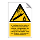 Le stockage de l'oxygène et de l'hydrogène doit être effectué conformément aux exigences des caisses d'assurance accidents, avec une distance minimale de 2 mètres entre eux