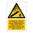Le stockage de l'oxygène et de l'hydrogène doit être effectué conformément aux exigences des caisses d'assurance accidents, avec une distance minimale de 2 mètres entre eux