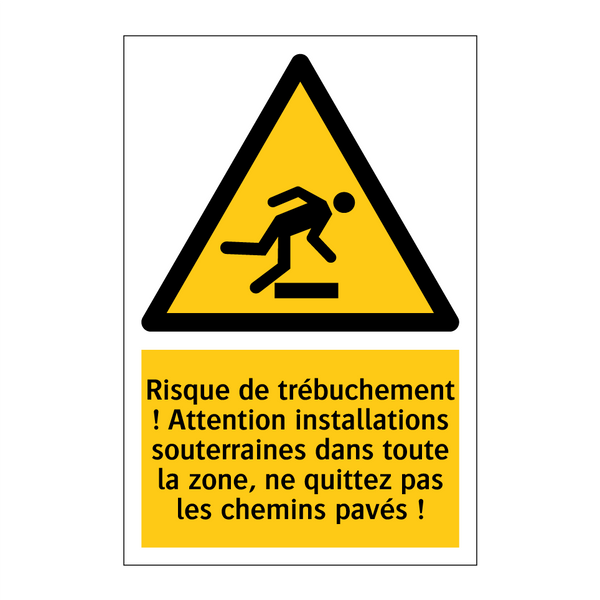 Risque de trébuchement ! Attention installations souterraines dans toute la zone, ne quittez pas les chemins pavés !