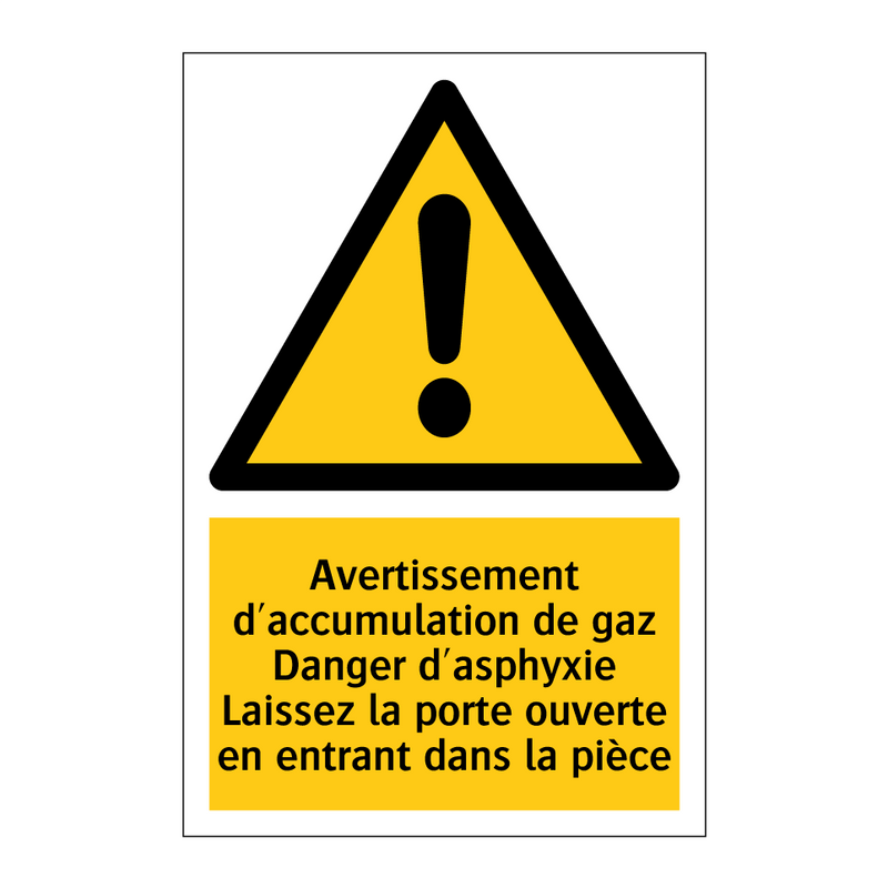 Avertissement d'accumulation de gaz Danger d'asphyxie Laissez la porte ouverte en entrant dans la pièce