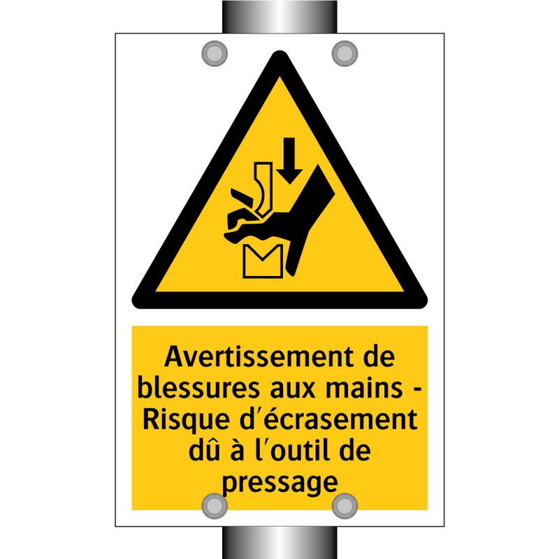 Avertissement de blessures aux mains - Risque d'écrasement dû à l'outil de pressage