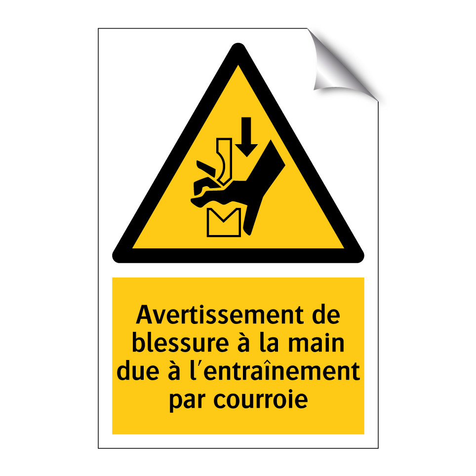 Avertissement de blessure à la main due à l'entraînement par courroie