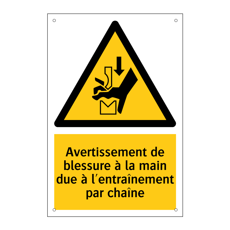 Avertissement de blessure à la main due à l'entraînement par chaîne