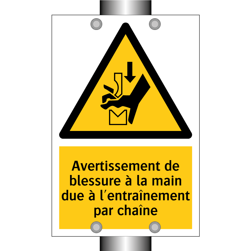 Avertissement de blessure à la main due à l'entraînement par chaîne