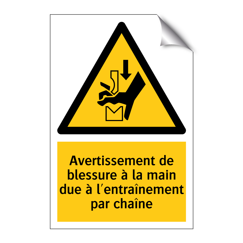 Avertissement de blessure à la main due à l'entraînement par chaîne