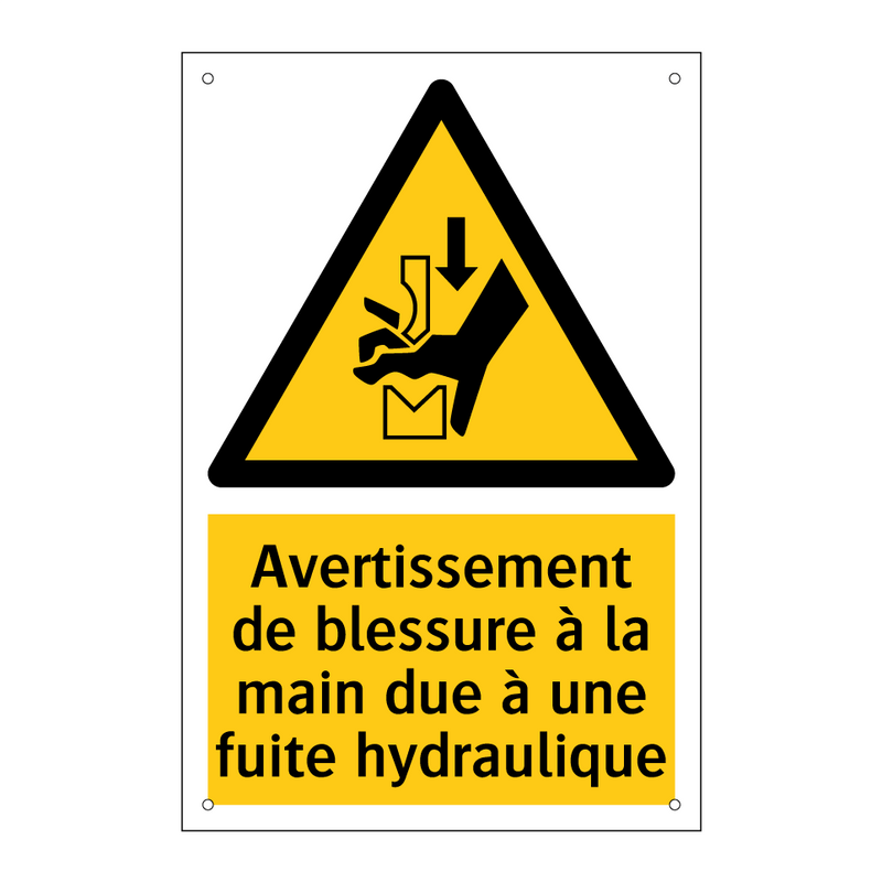 Avertissement de blessure à la main due à une fuite hydraulique