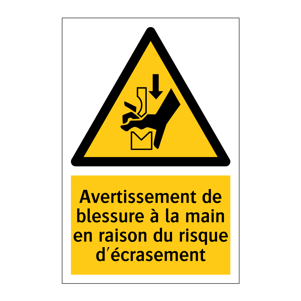 Avertissement de blessure à la main en raison du risque d'écrasement