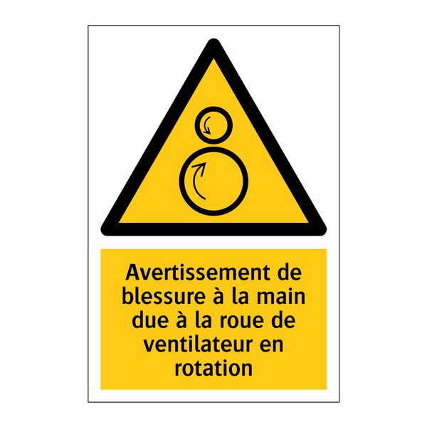 Avertissement de blessure à la main due à la roue de ventilateur en rotation