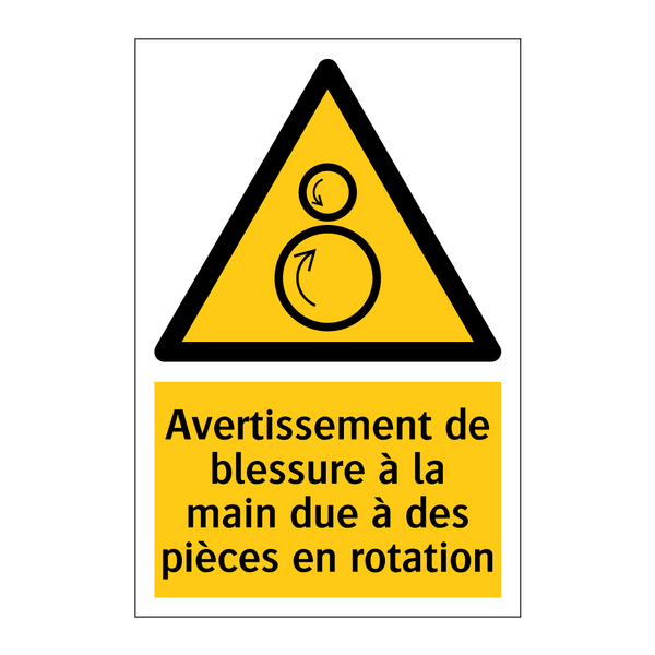 Avertissement de blessure à la main due à des pièces en rotation