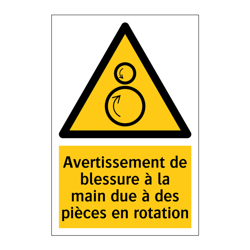 Avertissement de blessure à la main due à des pièces en rotation