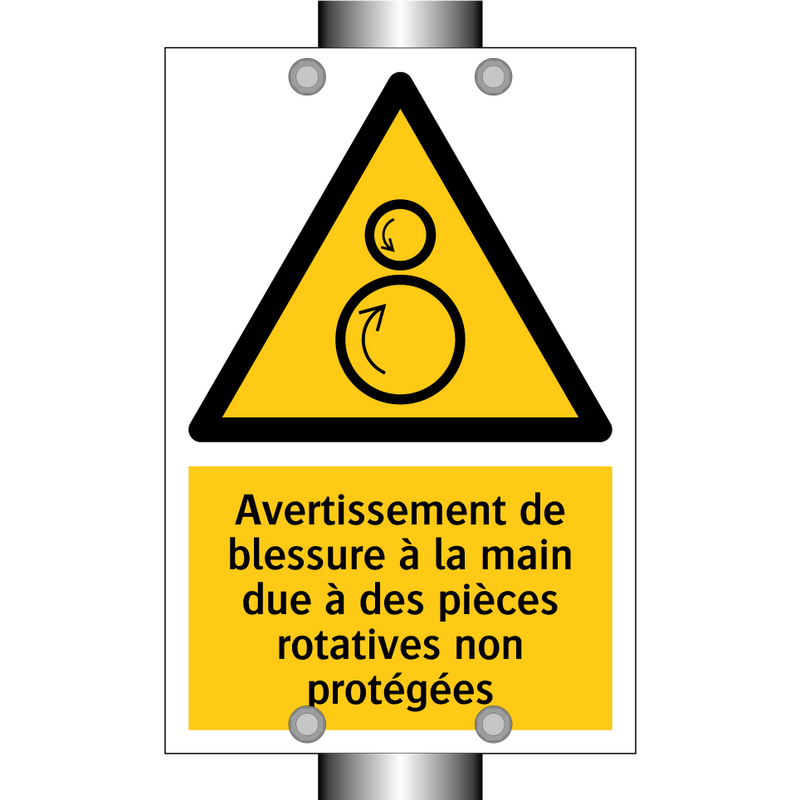Avertissement de blessure à la main due à des pièces rotatives non protégées