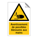 Avertissement de possibles blessures aux mains