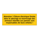 Attention ! Clôture électrique Entrée dans le pâturage et nourrissage des animaux interdits Les parents sont responsables de leurs enfants !