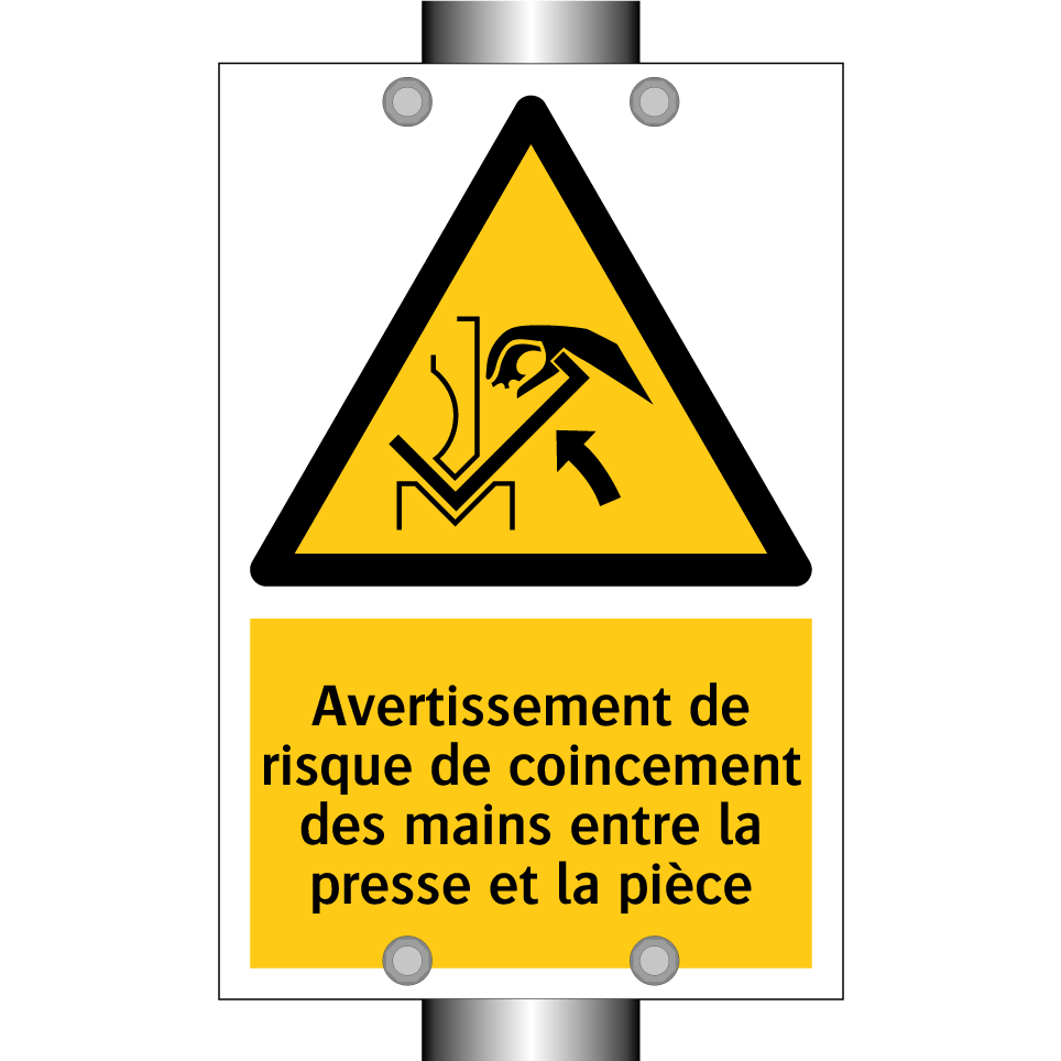 Avertissement de risque de coincement des mains entre la presse et la pièce