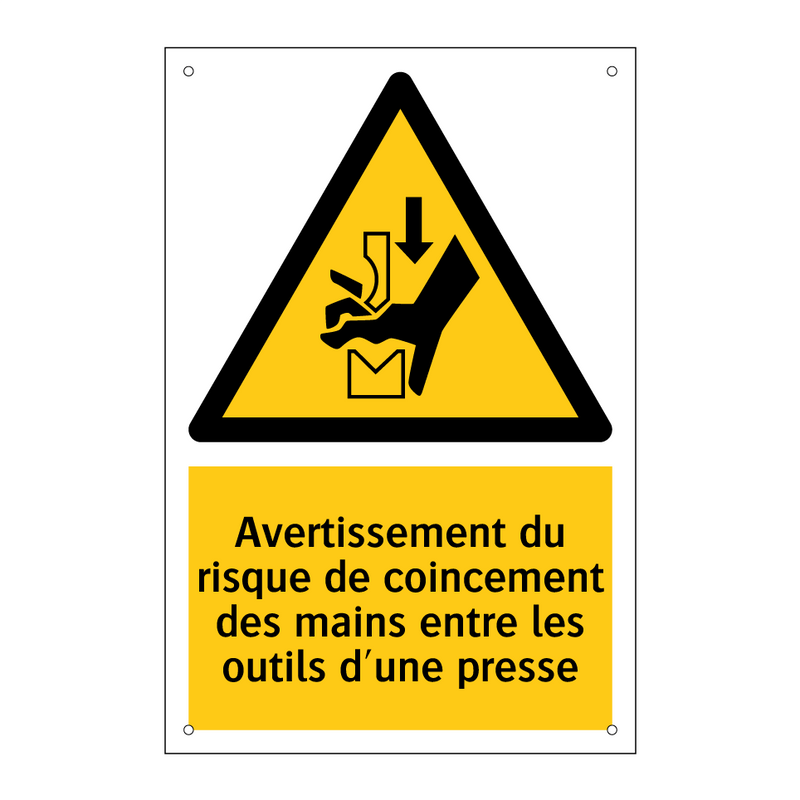 Avertissement du risque de coincement des mains entre les outils d'une presse