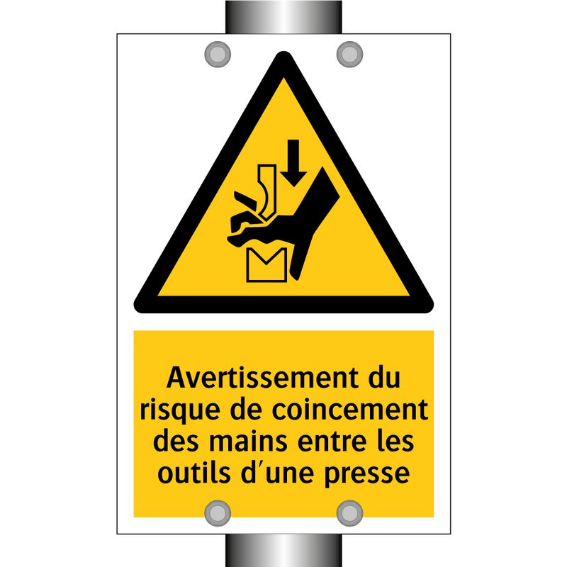 Avertissement du risque de coincement des mains entre les outils d'une presse