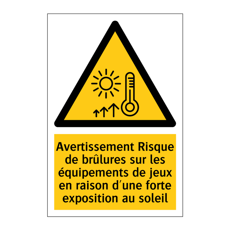 Avertissement Risque de brûlures sur les équipements de jeux en raison d'une forte exposition au soleil