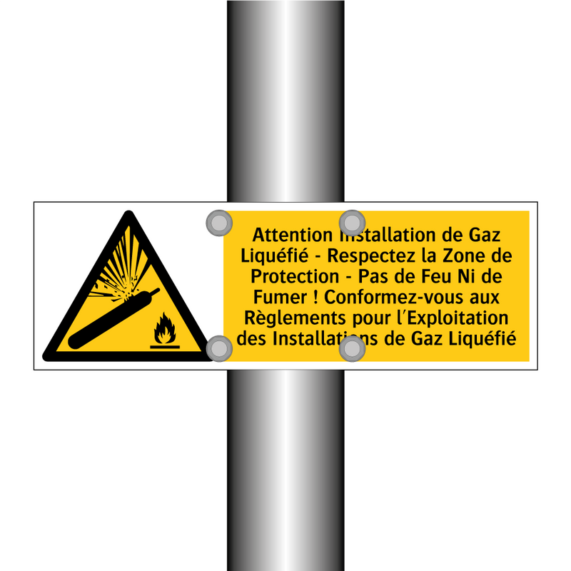 Attention Installation de Gaz Liquéfié - Respectez la Zone de Protection - Pas de Feu Ni de Fumer ! Conformez-vous aux Règlements pour l'Exploitation des Installations de Gaz Liquéfié