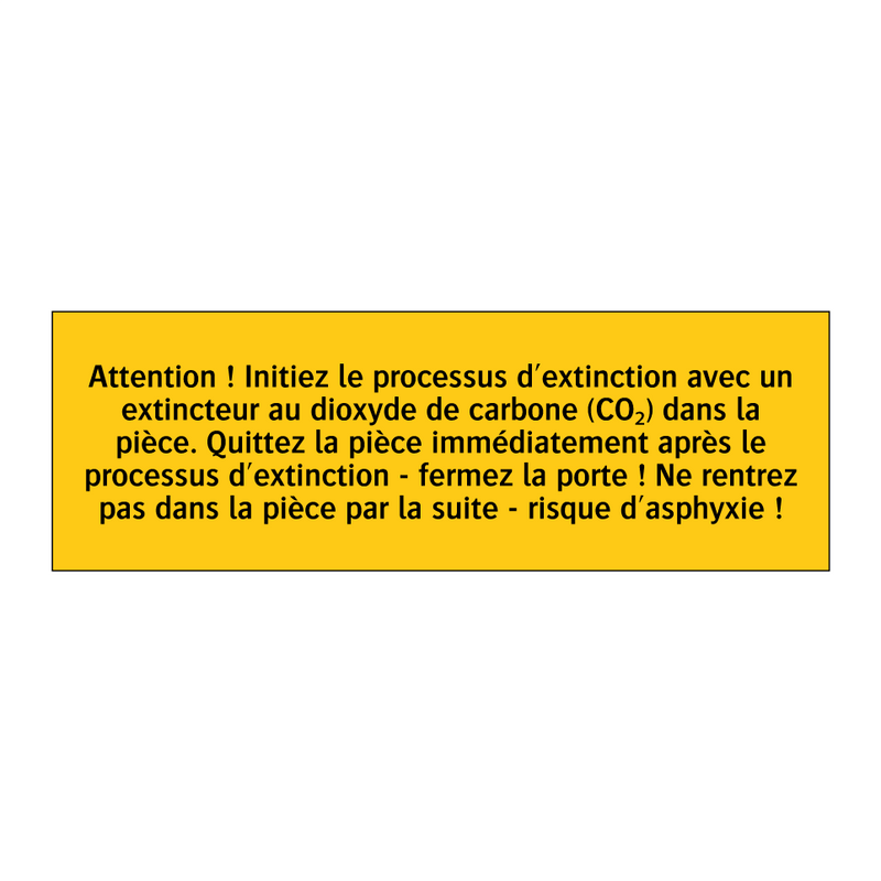 Attention ! Initiez le processus d'extinction avec un extincteur au dioxyde de carbone (CO₂) dans la pièce. Quittez la pièce immédiatement après le processus d'extinction - fermez la porte ! Ne rentrez pas dans la pièce par la suite - risque d'asphyxie !