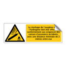 Le stockage de l'oxygène et de l'hydrogène doit être effectué conformément aux exigences des caisses d'assurance accidents, avec une distance minimale de 2 mètres entre eux