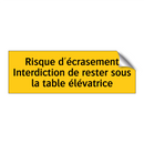 Risque d'écrasement Interdiction de rester sous la table élévatrice