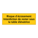 Risque d'écrasement Interdiction de rester sous la table élévatrice