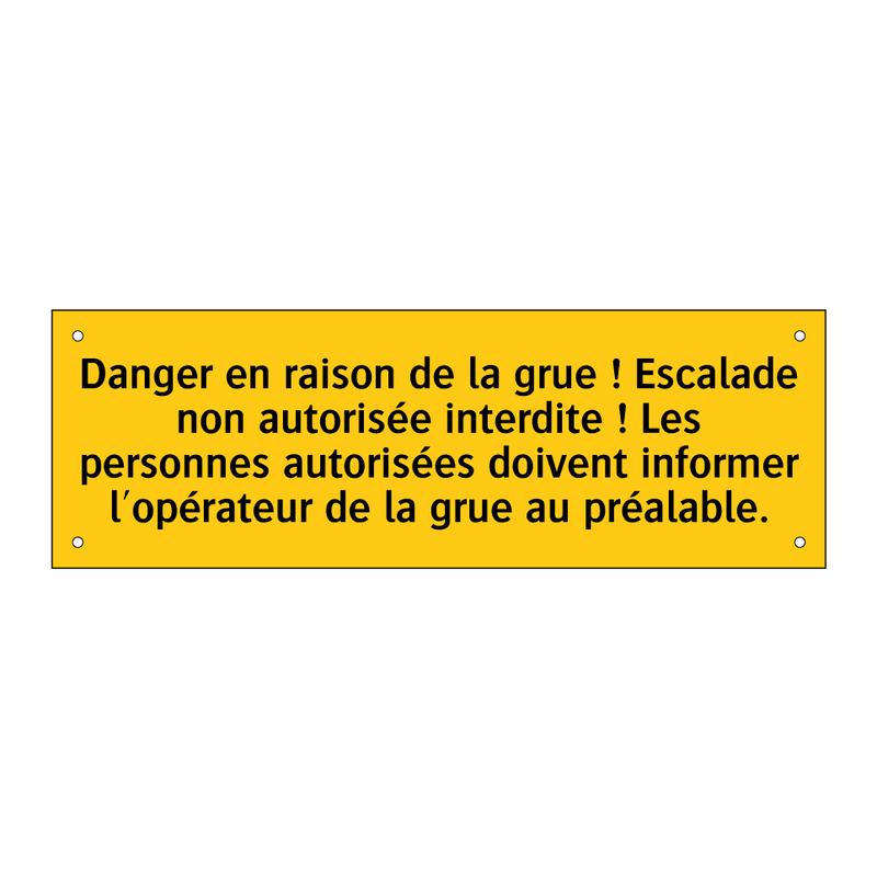 Danger en raison de la grue ! Escalade non autorisée interdite ! Les personnes autorisées doivent informer l'opérateur de la grue au préalable