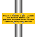 Danger en raison de la grue ! Escalade non autorisée interdite ! Les personnes autorisées doivent informer l'opérateur de la grue au préalable