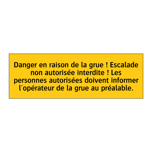Danger en raison de la grue ! Escalade non autorisée interdite ! Les personnes autorisées doivent informer l'opérateur de la grue au préalable