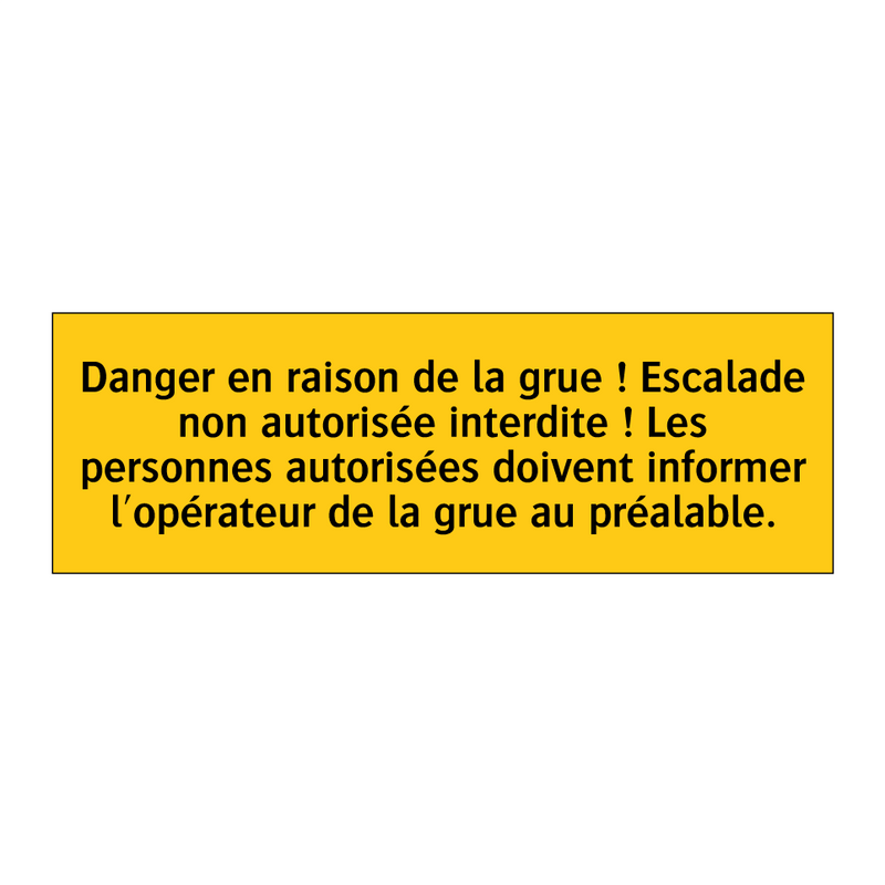 Danger en raison de la grue ! Escalade non autorisée interdite ! Les personnes autorisées doivent informer l'opérateur de la grue au préalable