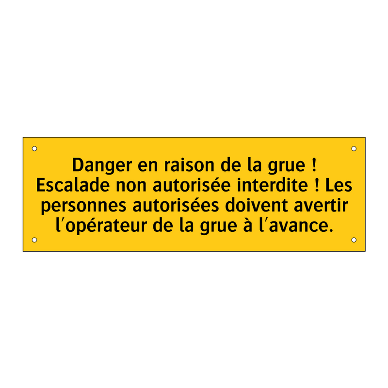 Danger en raison de la grue ! Escalade non autorisée interdite ! Les personnes autorisées doivent avertir l'opérateur de la grue à l'avance