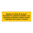 Danger en raison de la grue ! Escalade non autorisée interdite ! Les personnes autorisées doivent avertir l'opérateur de la grue à l'avance