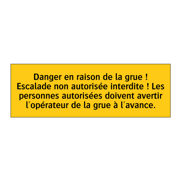 Danger en raison de la grue ! Escalade non autorisée interdite ! Les personnes autorisées doivent avertir l'opérateur de la grue à l'avance