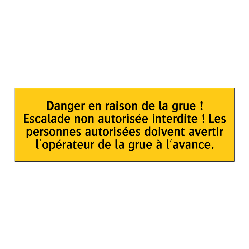 Danger en raison de la grue ! Escalade non autorisée interdite ! Les personnes autorisées doivent avertir l'opérateur de la grue à l'avance