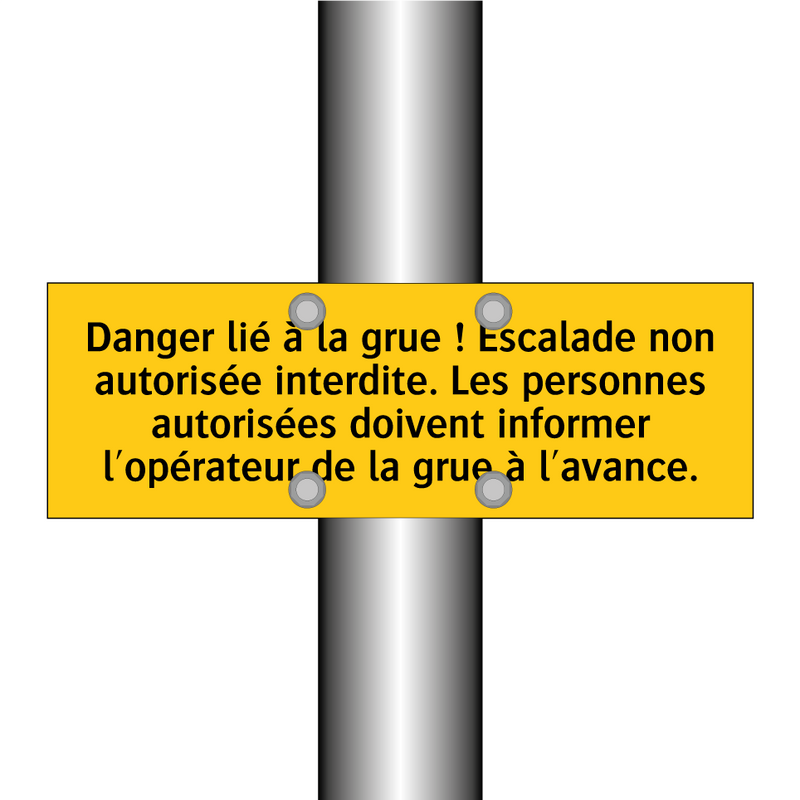 Danger lié à la grue ! Escalade non autorisée interdite. Les personnes autorisées doivent informer l'opérateur de la grue à l'avance