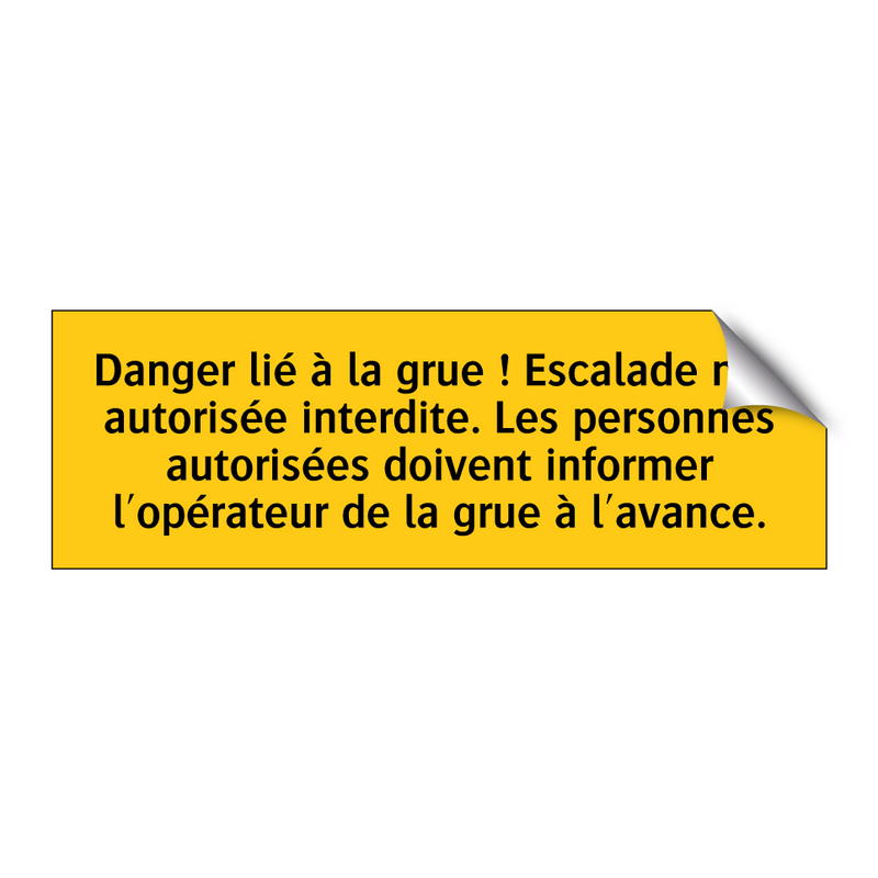 Danger lié à la grue ! Escalade non autorisée interdite. Les personnes autorisées doivent informer l'opérateur de la grue à l'avance