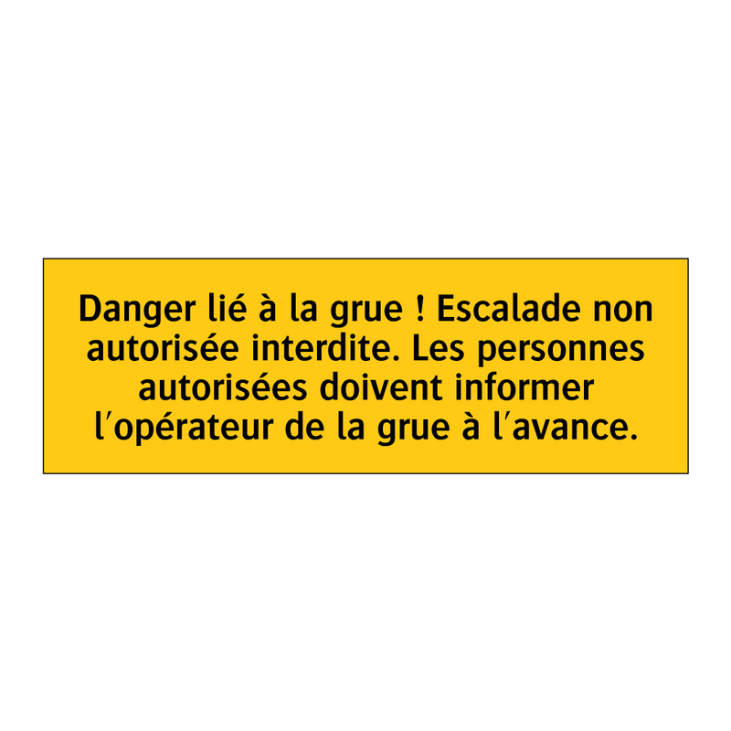 Danger lié à la grue ! Escalade non autorisée interdite. Les personnes autorisées doivent informer l'opérateur de la grue à l'avance