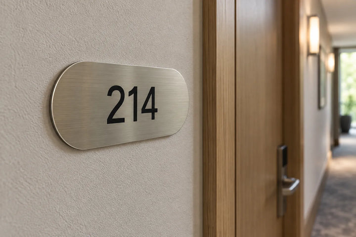 Pill-shaped brushed aluminium hotel room number plaque 214