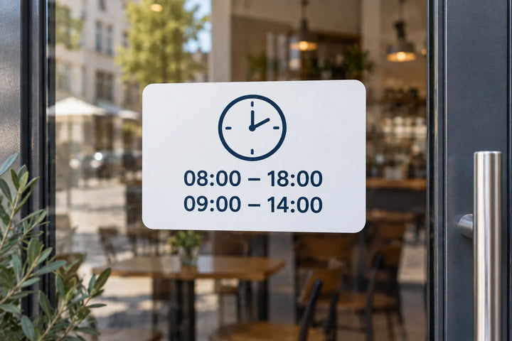 Opening hours vinyl sticker on a café glass door
