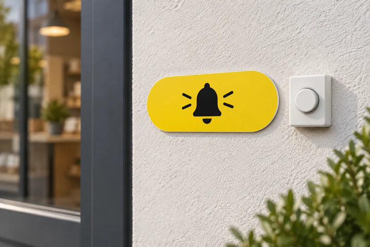 Yellow pill-shaped PVC doorbell sign next to a shop door